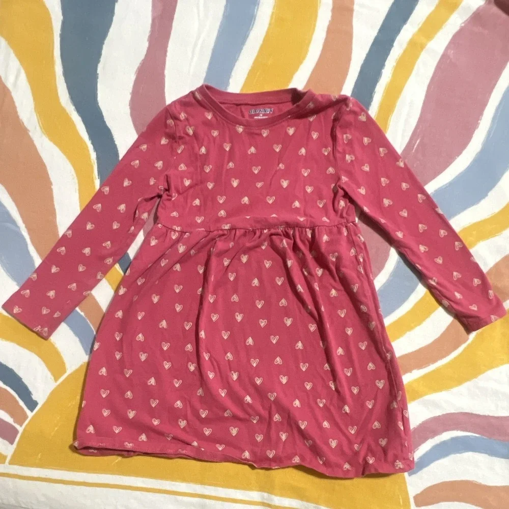 Old Navy Girls 5T A-Line Pink Heart Knit Cotton Long Sleeve Knee Dress